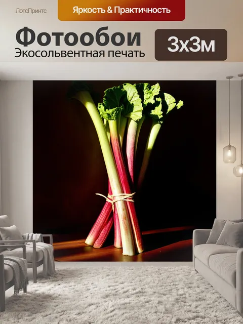 Фотообои в полумраке освещенные завязанные стебли ревеня выделяются своим ярким цветом, окруженные резкими тенями