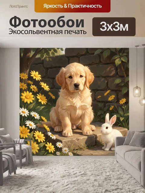 Фотообои Щенок и кролик в саду