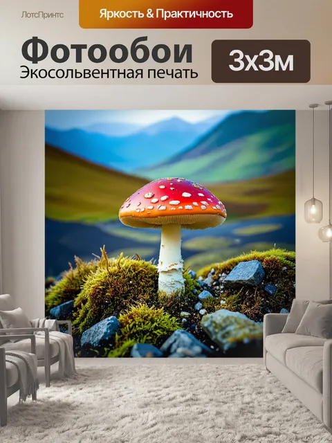 Фотообои красный мухомор, выросший среди скалистого ландшафта, окруженный мелкими камнями и мхом