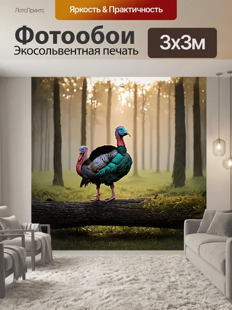Фотообои на фоне туманного, рассветного леса, гордый индюк стоит на бревне, его яркое, изумрудное оперение блестит в…