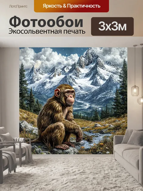 Фотообои мохнатая обезьяна, снежные горы, красивый пейзаж