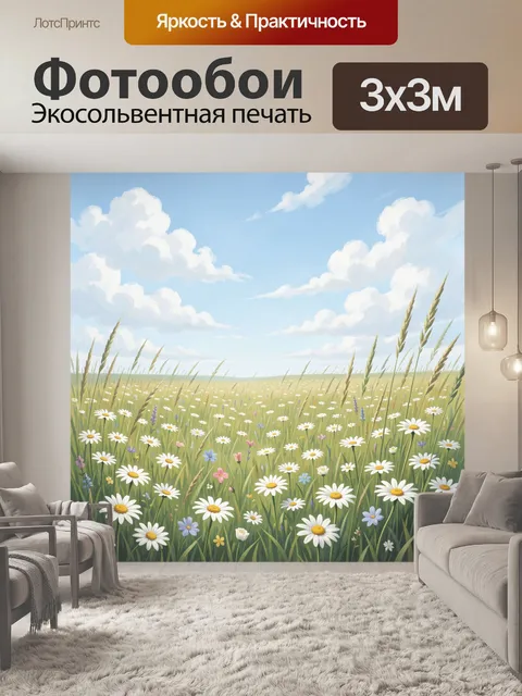 Фотообои Луг с ромашками под облаками