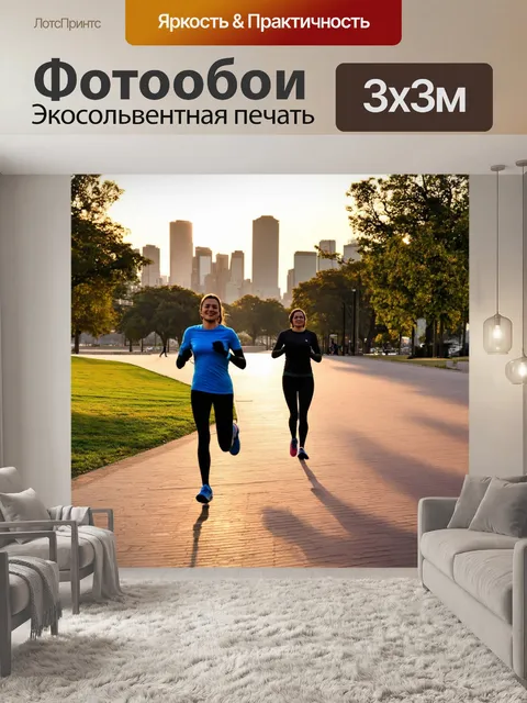 Фотообои город с жителями, которые занимаются спортом в парке, утренняя заря и свежий воздух