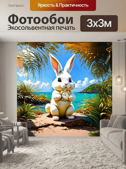 Фотообои изображение кролика, у которого в лапках держится золотые часы, на фоне чудесного острова, с множеством…