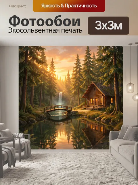 Фотообои Лесная хижина у водопада
