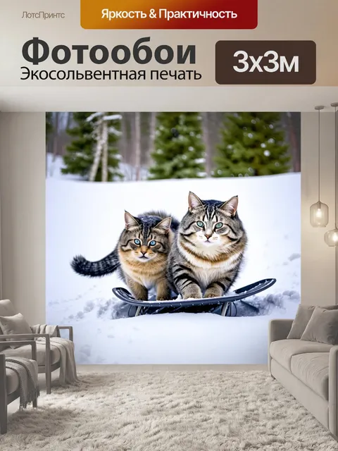 Фотообои кошки, катающиеся на санках по снежным склонам