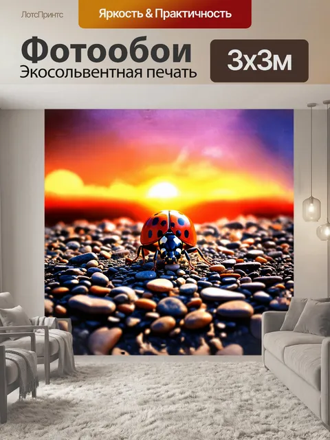 Фотообои божья коровка ползет по земле, устланной мелкой галькой, на фоне пылающего заката