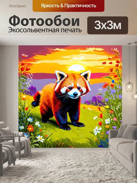 Фотообои пейзаж с красной пандой, исследующей яркие цветы на фоне заката, где небо освещено теплыми оттенками