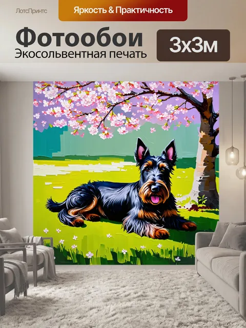 Фотообои шотландский терьер, лежащий на мягкой траве под цветущей сакурой, окруженной мелкими цветами