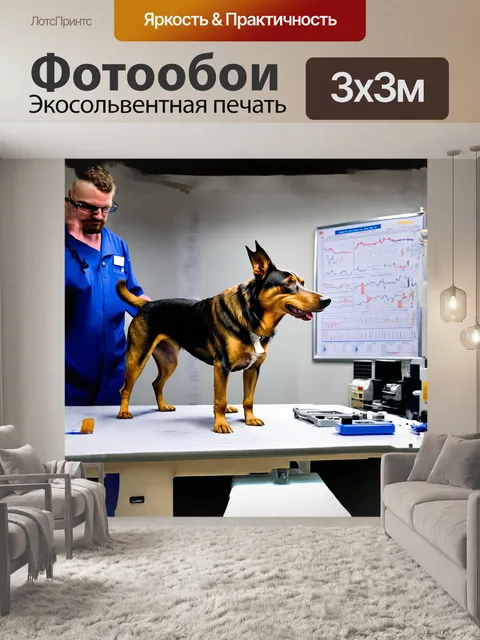 Фотообои основное внимание уделено собаке, отвечающей на команды ветеринара, который находится вне кадра
