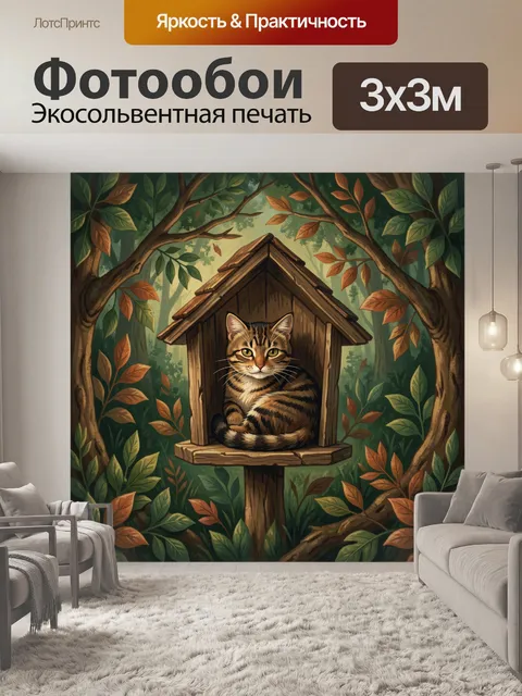 Фотообои Полосатый кот в лесном домике