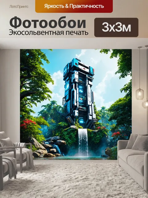 Фотообои башня с технологическим дизайном, интегрированная в природу с водопадом вокруг, в стиле киберпанка
