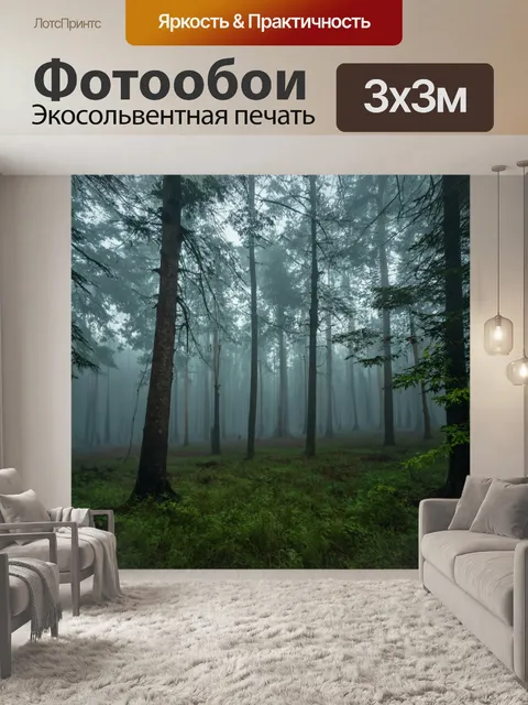 Фотообои туман в стиле комикс, показывающие движение через леса, где туман окутывает деревья