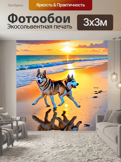 Фотообои на фоне заката, пляж с мягким песком, где гибрид акита-ину и хаски бегает по берегу, оставляя следы на…