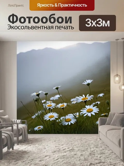 Фотообои ромашки, цветущие на фоне гор, покрытых утренним туманом, который добавляет таинственности сцене