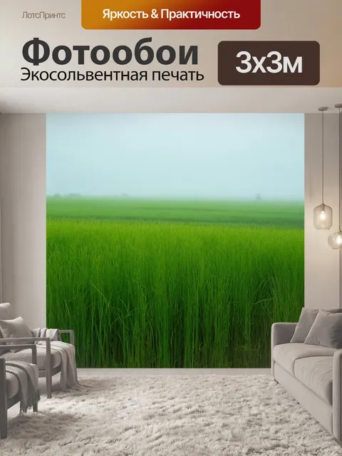 Фотообои туман в стиле флэт, поля с высокой травой в тумане, ветер играет с травами, мягкие зеленые тона
