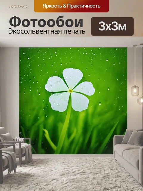Фотообои изображение белого клевера, укрытого свежими каплями дождя, на фоне размытых зеленых лугов