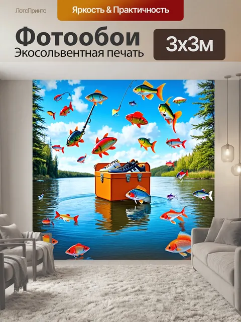 Фотообои плавающий рыболовный ящик на фоне озера: сюрреалистическая картина
