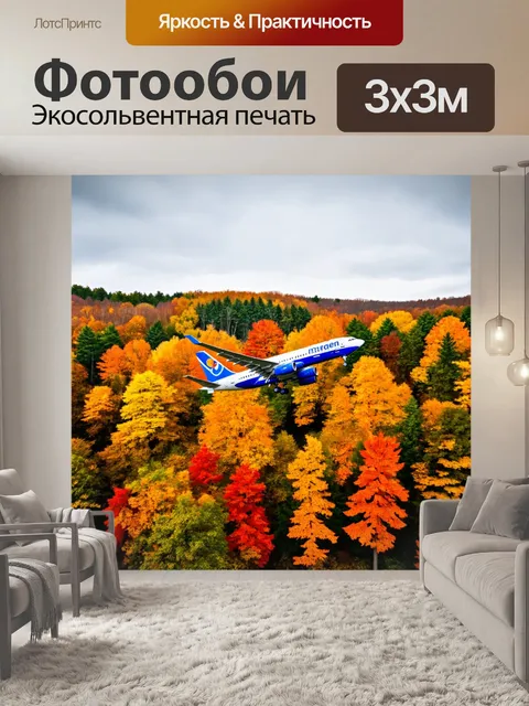 Фотообои самолет, летящий над осенними лесами с яркой листвой, теплые оттенки