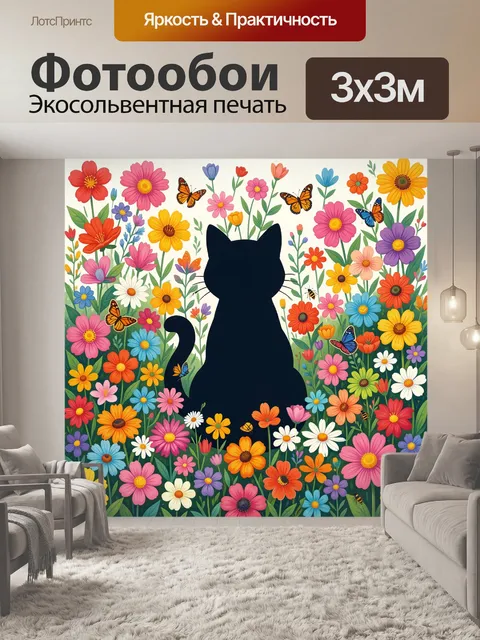 Фотообои Силуэт кота среди полевых цветов