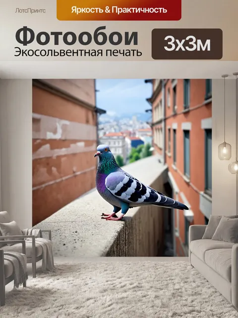Фотообои голубь, сидящий на узком карнизе здания, с городским виде на фоне, выполненная в технике уличной фотографии