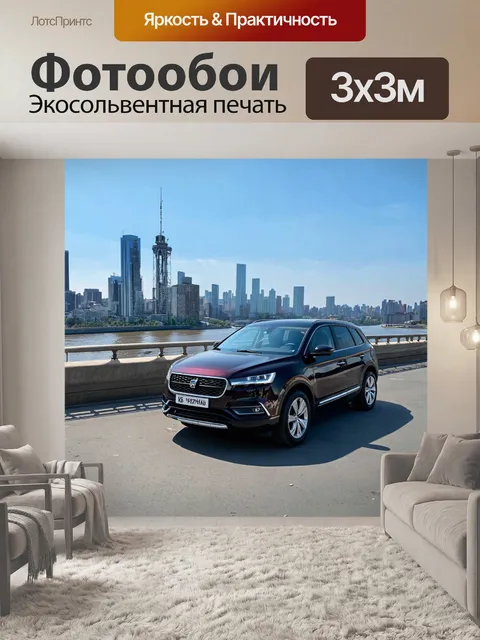 Фотообои машина, стоящая на мосту с видом на реку и городской горизонт