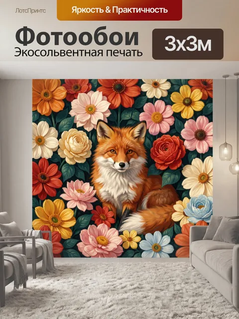 Фотообои Лиса среди ярких цветов