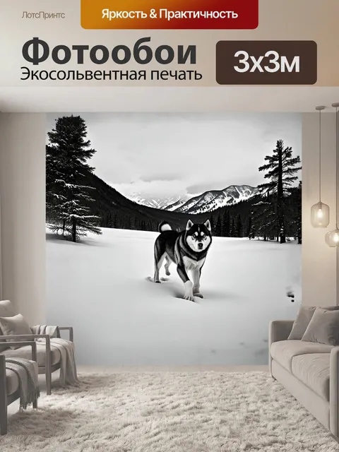 Фотообои в зимнем пейзаже акита-ину шагает по глубокой снежной целине, окружающие горы покрыты белоснежным покровом