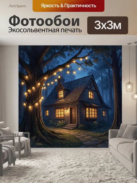 Фотообои Лесной домик в гирляндах