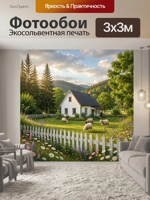 Фотообои Домик в цветущей долине