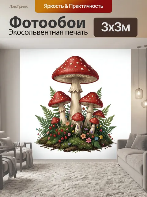 Фотообои Сказочные красные грибы в лесу