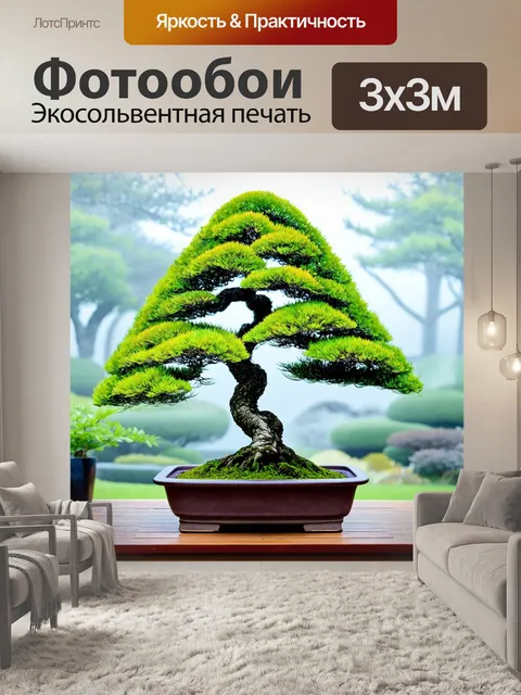 Фотообои бонзаи, укрытый утренним туманом в японском саду, создающим атмосферу спокойствия и гармонии