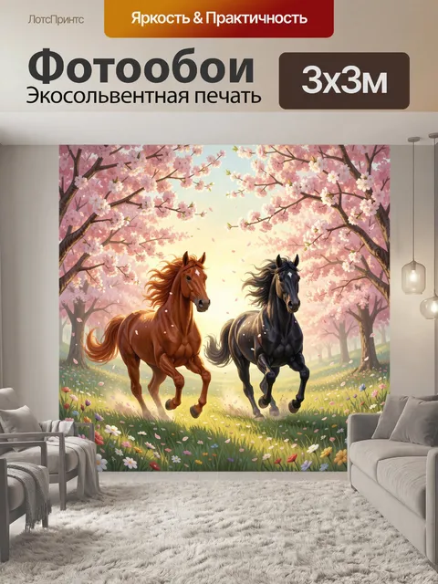 Фотообои Два скакуна под цветущими деревьями