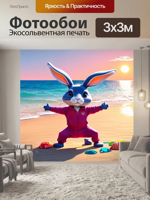 Фотообои забавный кролик в спортивном костюме занимается йогой на пляже на закате