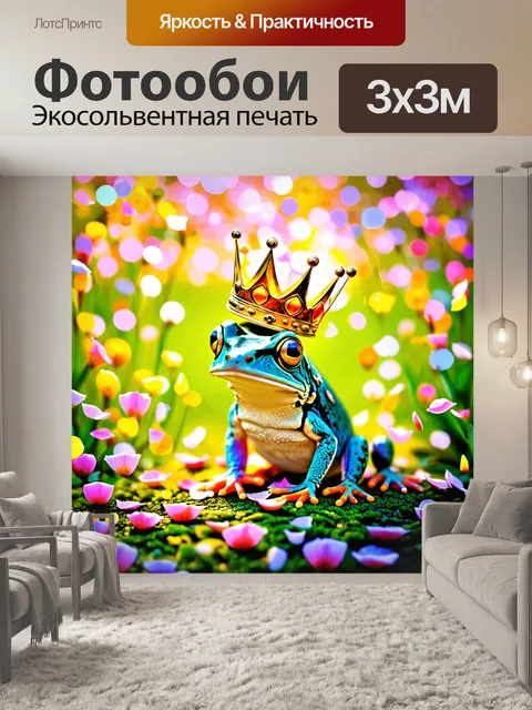 Фотообои лягушка в короне на фоне цветущего сада