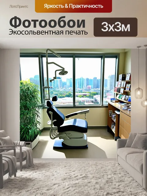 Фотообои изображение стоматологической клиники с окнами, выходящими на городской пейзаж