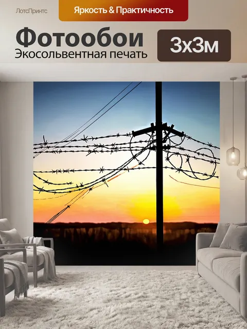 Фотообои изображение колючей проволоки, обвивающей высоковольтную линию электропередач, с закатом на фоне