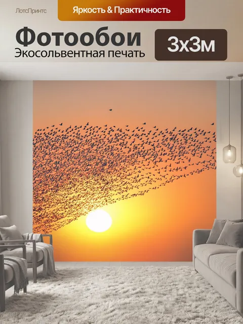 Фотообои динамика стаи птиц, собирающихся на закате, передающая экзотическую атмосферу, яркие цвета и движение