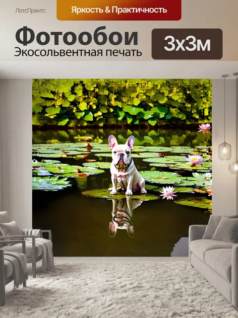 Фотообои французский бульдог, сидящий на берегу озера, с любопытством смотрит на отражение своей мордочки в воде