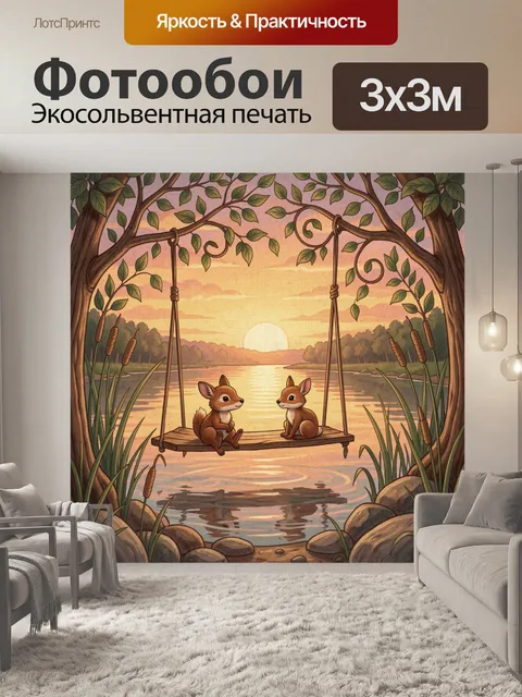 Фотообои Лисички на качелях у озера