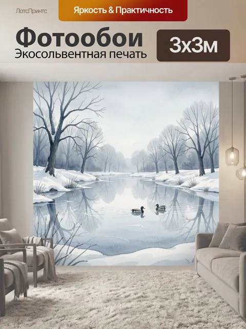 Фотообои Зимний пруд с утками и отражениями