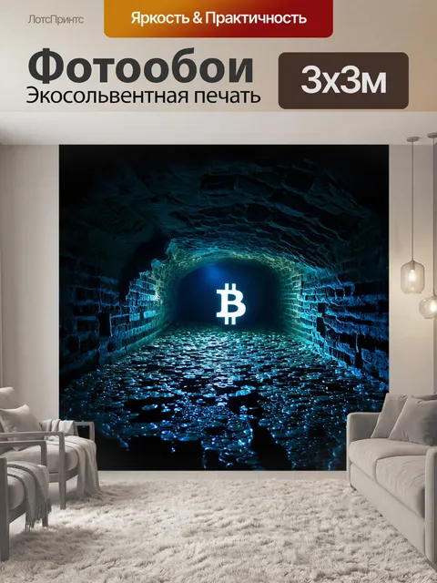 Фотообои мрачная шахта, где золотые вены биткоина текут сквозь темные стены, окруженные блестящими черными рунами