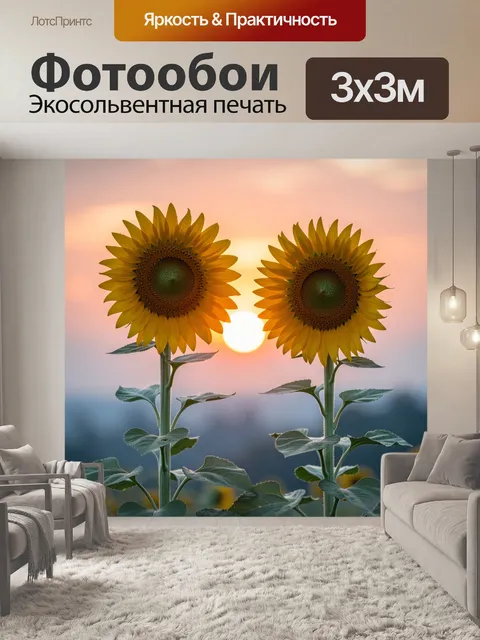 Фотообои На изображении запечатлены два высоких подсолнуха на переднем плане с ярко-желтыми лепестками и темными…