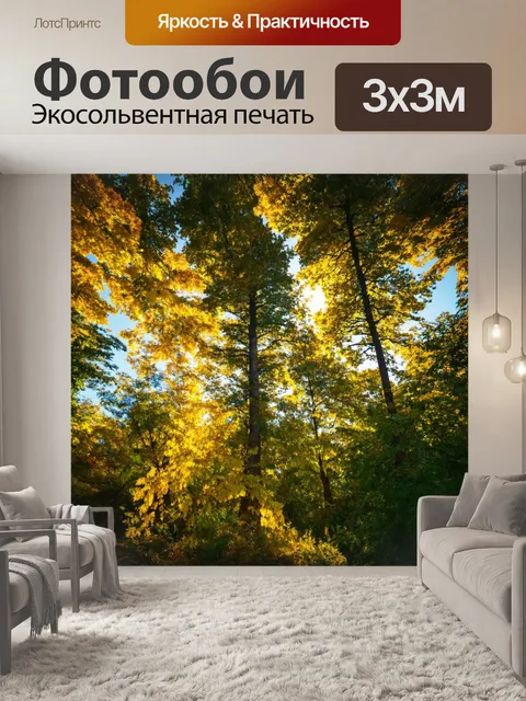 Фотообои пейзаж в стиле романтизм с высокими деревьями и солнечными лучами, пробивающимися сквозь листву