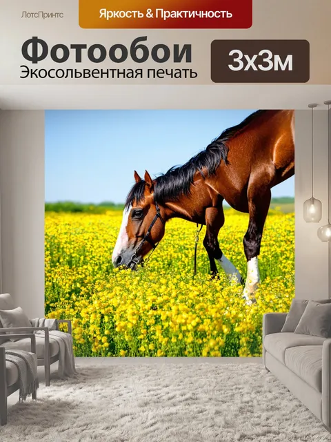 Фотообои конь, бреющийся сквозь цветы, живописные детали