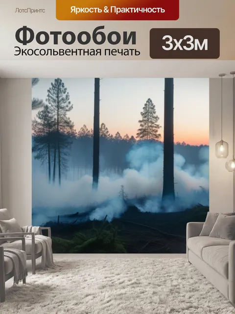 Фотообои лес на рассвете, дым от лесного пожара