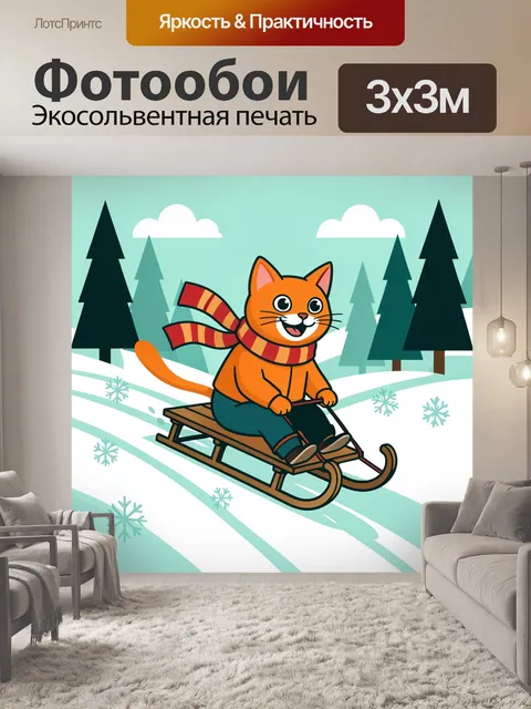 Фотообои Кот на санках в лесу