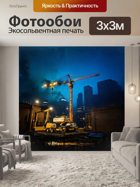 Фотообои огромный строительный кран возвышается над ночным городом, окруженный сверкающими огнями