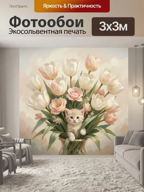 Фотообои Букет белых тюльпанов с розово-жёлтыми оттенками на фоне мягкого пастельного пейзажа