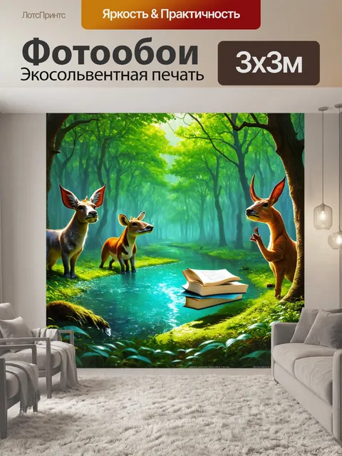 Фотообои ноты, тонущие в глубине зелёного леса, вокруг которых плавают метафорические звери, выполненные в технике…